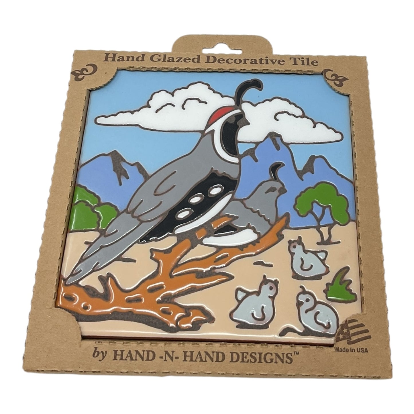 Earthtones Quail with Babies Southwest 6X6 Hand Glazed Decorative Tile or Kitchen Trivet