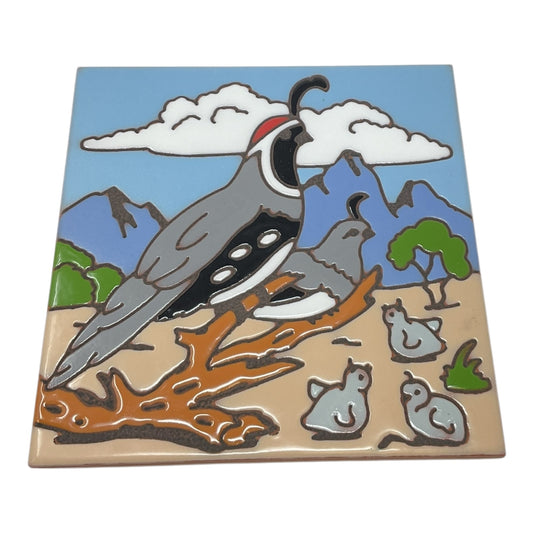 Earthtones Quail with Babies Southwest 6X6 Hand Glazed Decorative Tile or Kitchen Trivet