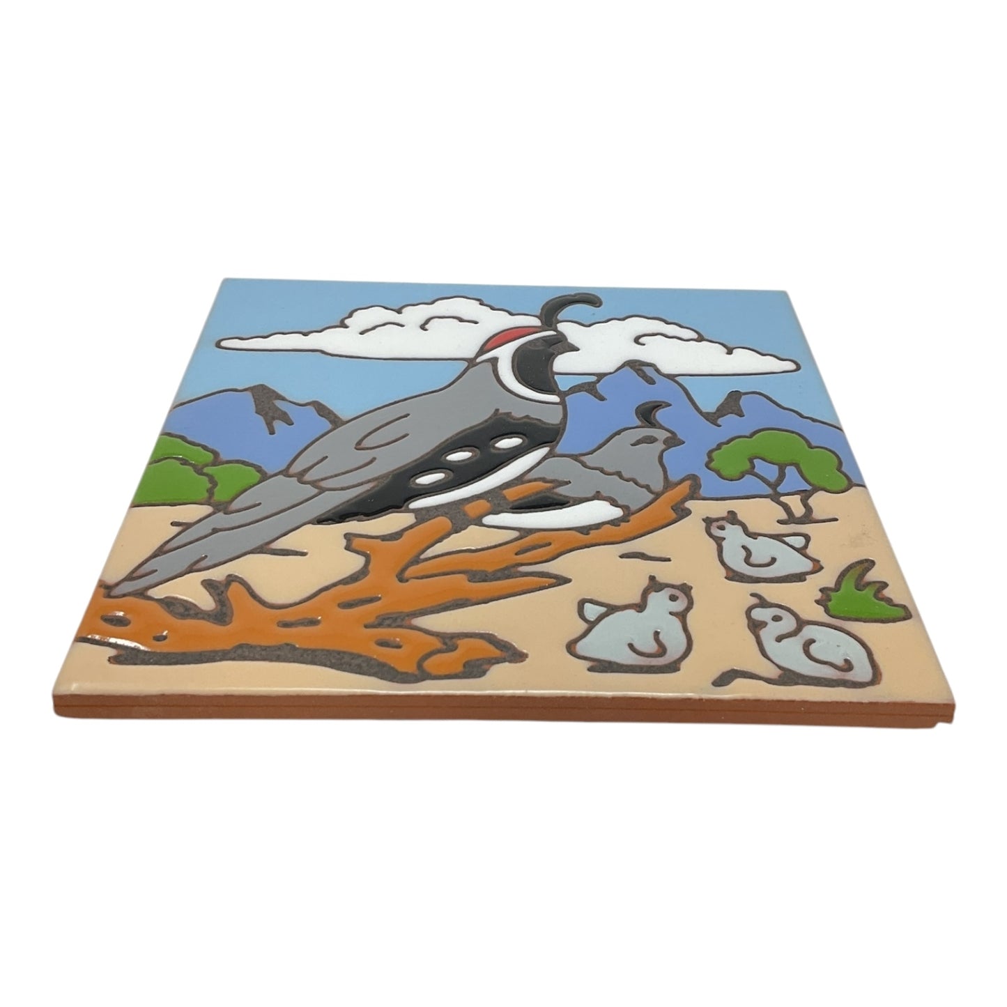 Earthtones Quail with Babies Southwest 6X6 Hand Glazed Decorative Tile or Kitchen Trivet
