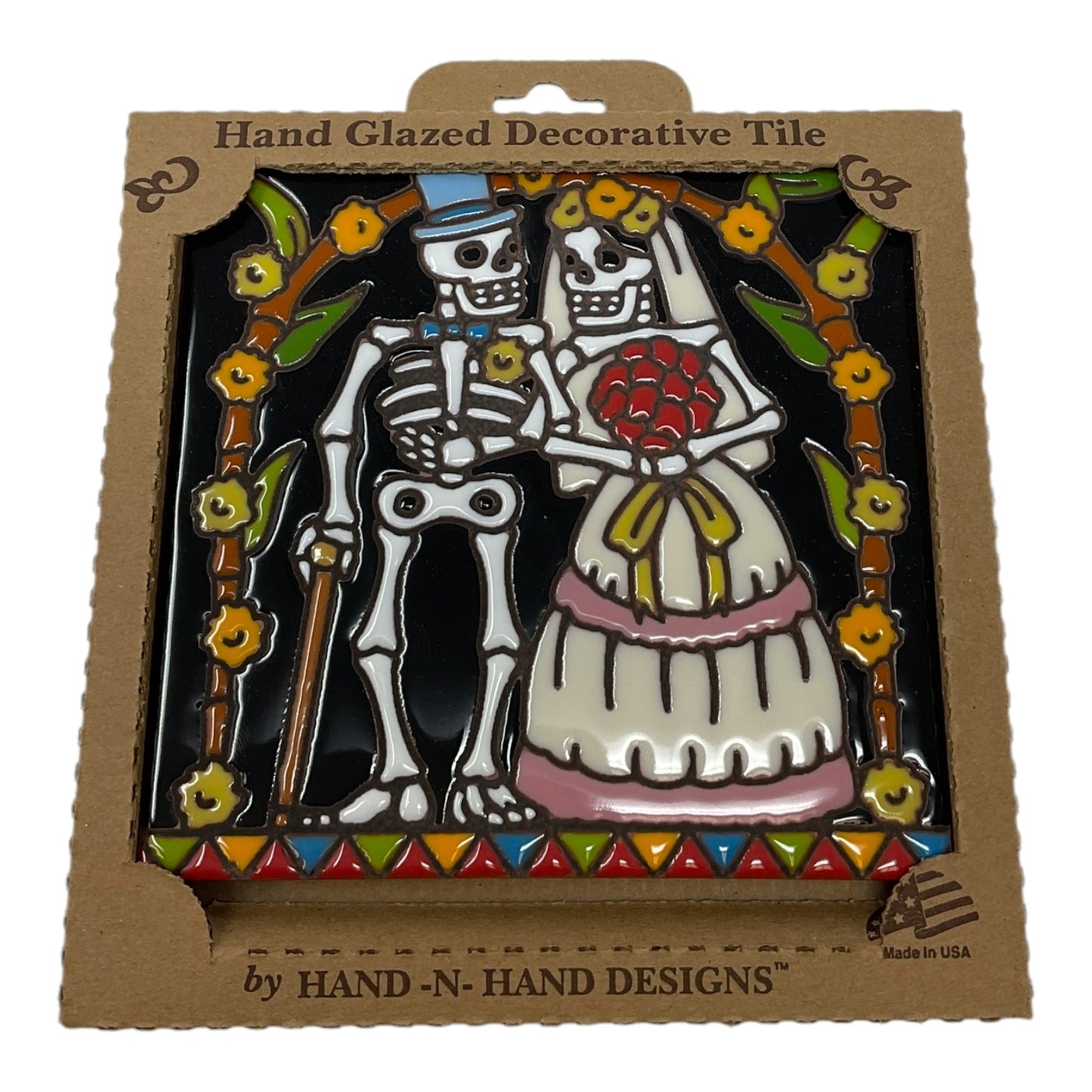 Earthtones Day of the Dead Wedding Couple 6X6 Hand Glazed Decorative Tile or Kitchen Trivet