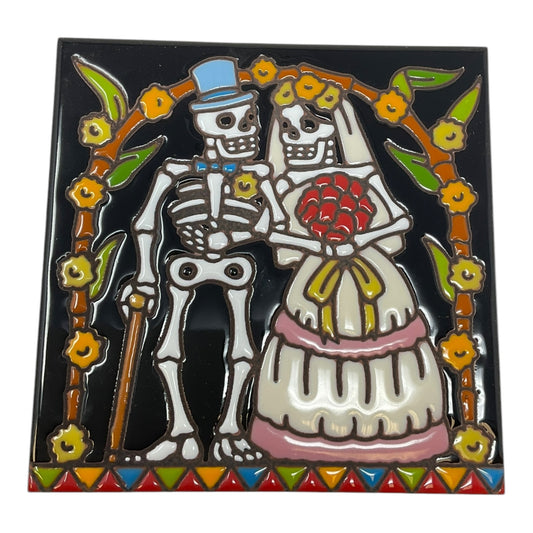 Earthtones Day of the Dead Wedding Couple 6X6 Hand Glazed Decorative Tile or Kitchen Trivet
