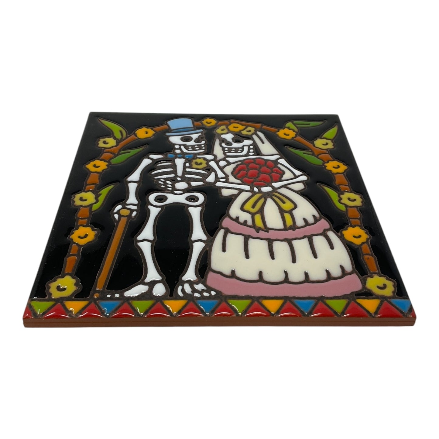 Earthtones Day of the Dead Wedding Couple 6X6 Hand Glazed Decorative Tile or Kitchen Trivet