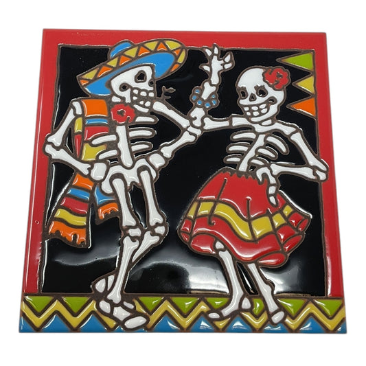 Earthtones Day of the Dead Dancers 6X6 Hand Glazed Decorative Tile or Trivet