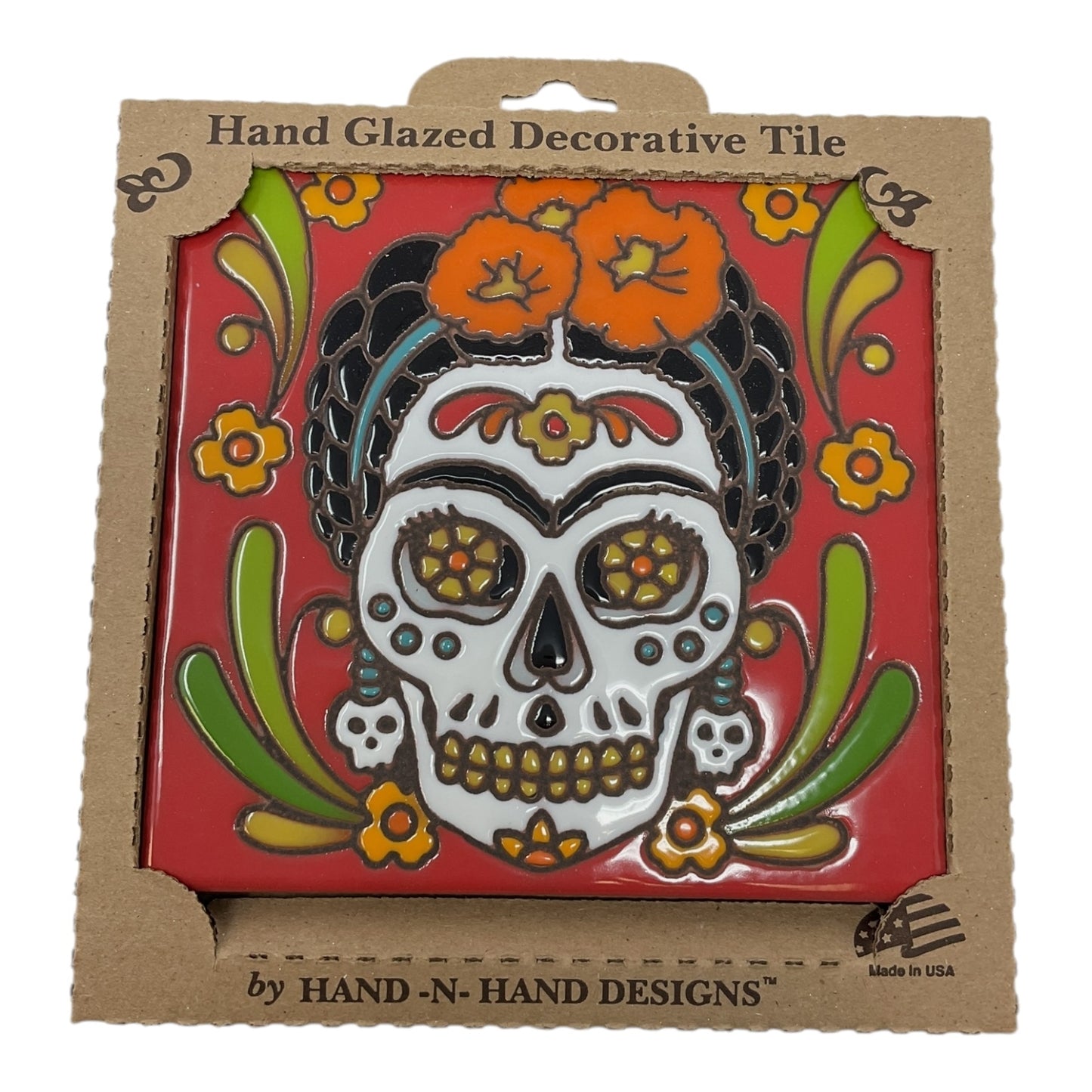 Earthtones Day of The Dead Mexican Painter 6X6 Red Hand Glazed Decorative Tile