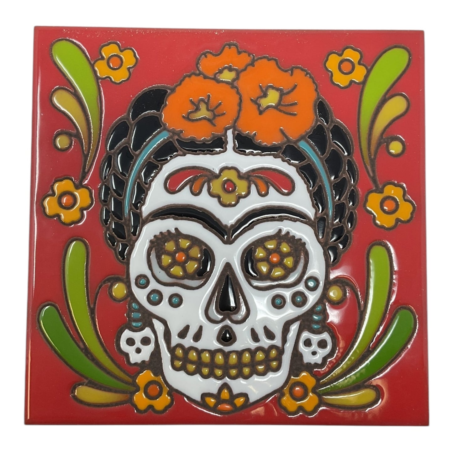 Earthtones Day of The Dead Mexican Painter 6X6 Red Hand Glazed Decorative Tile