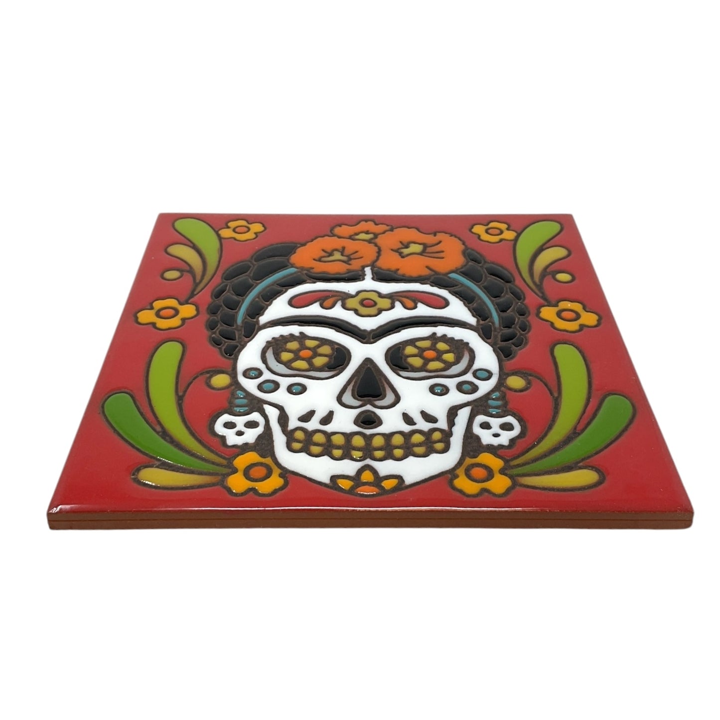 Earthtones Day of The Dead Mexican Painter 6X6 Red Hand Glazed Decorative Tile