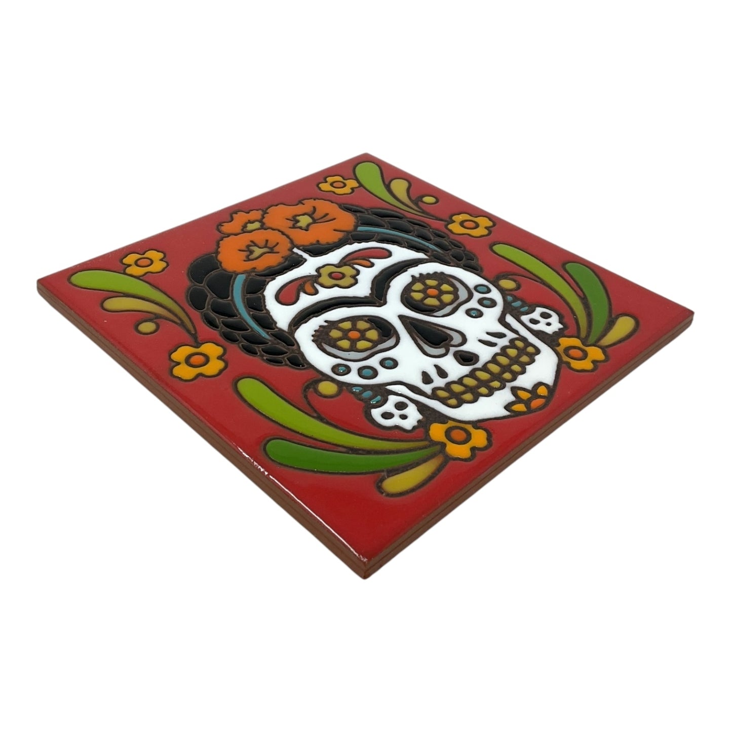 Earthtones Day of The Dead Mexican Painter 6X6 Red Hand Glazed Decorative Tile