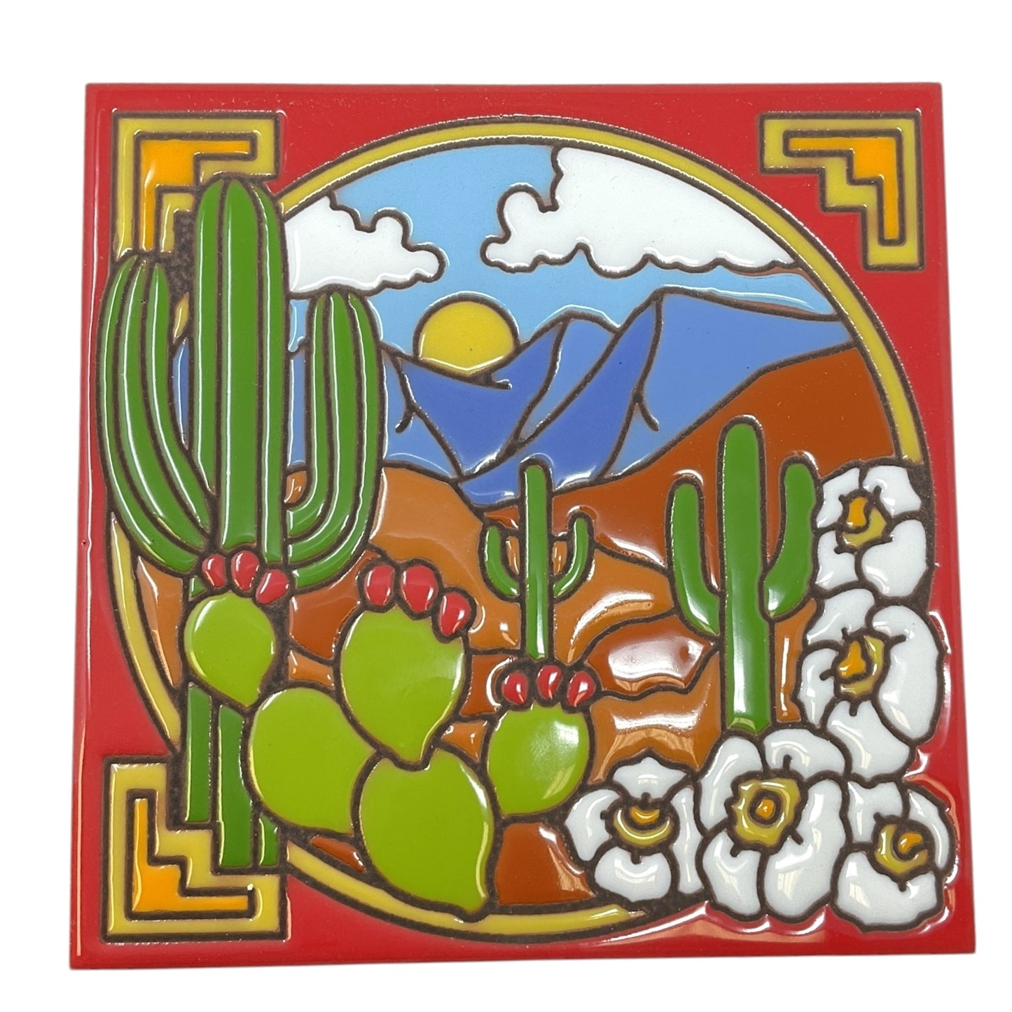 Earthtones Saguaro Cactus Desert Scene Southwest 6X6 Hand Glazed Decorative Tile or Kitchen Trivet