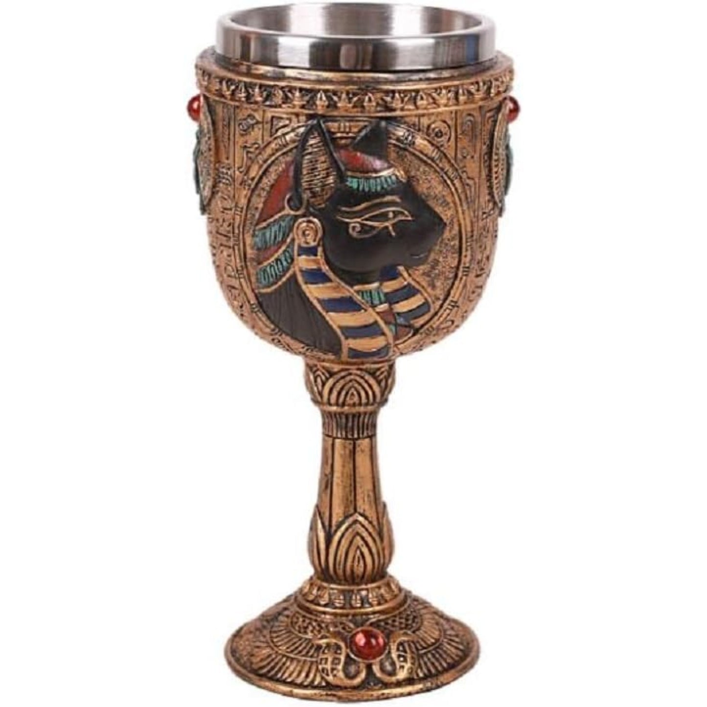 Egyptian Royalty Bastet Wine Goblet Chalice Cup Resin Body Stainless Steel Cup 7 ounce