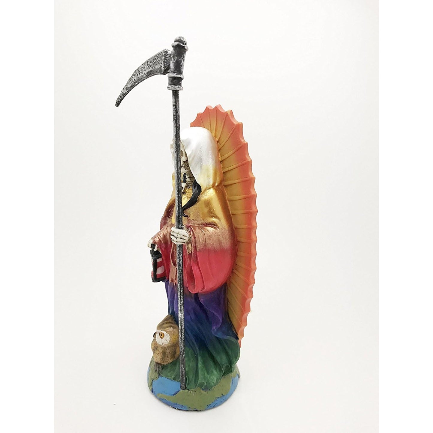 Rainbow Tunic Holy Death Santa Muerte Holding Scythe Figurine 7.25 Inch