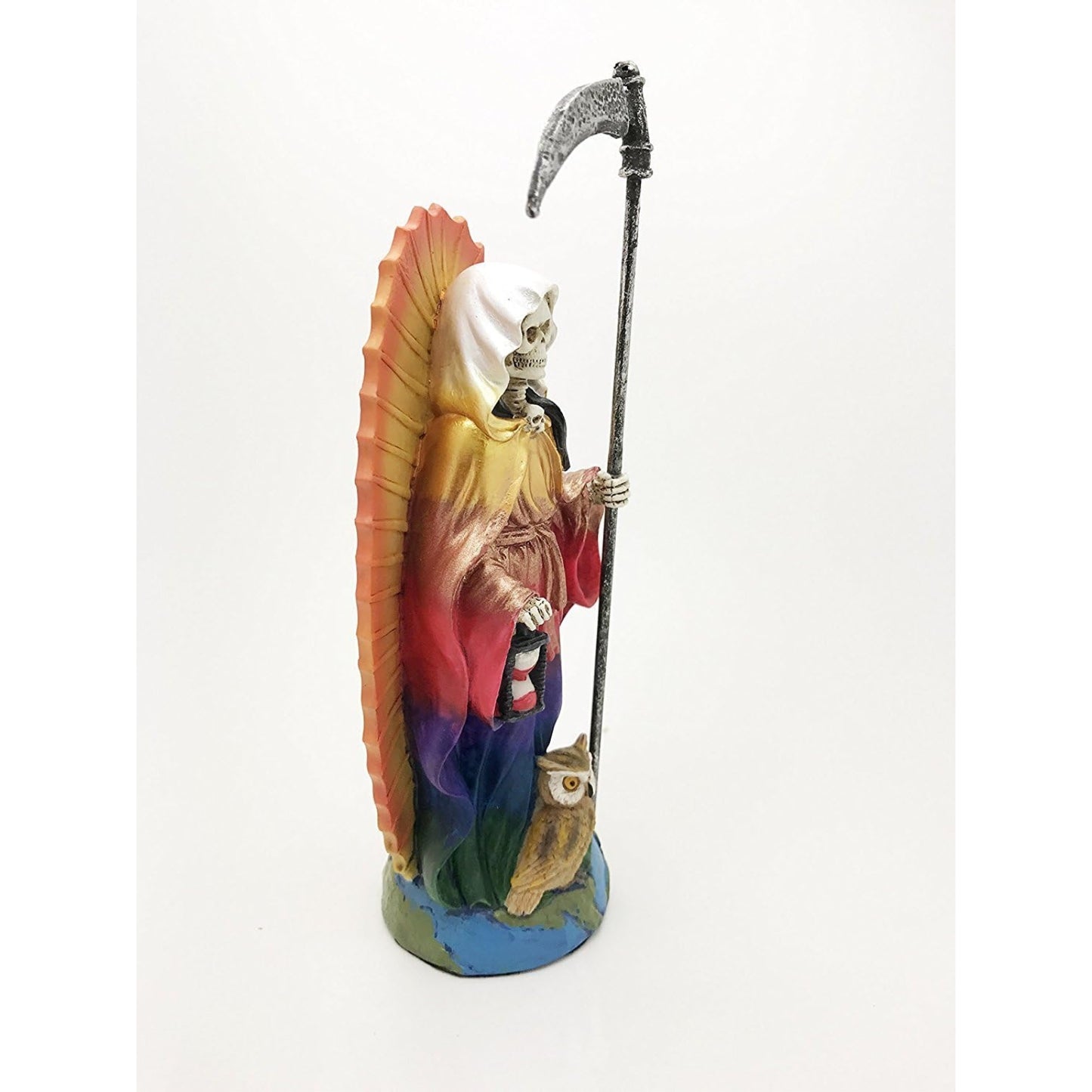 Rainbow Tunic Holy Death Santa Muerte Holding Scythe Figurine 7.25 Inch