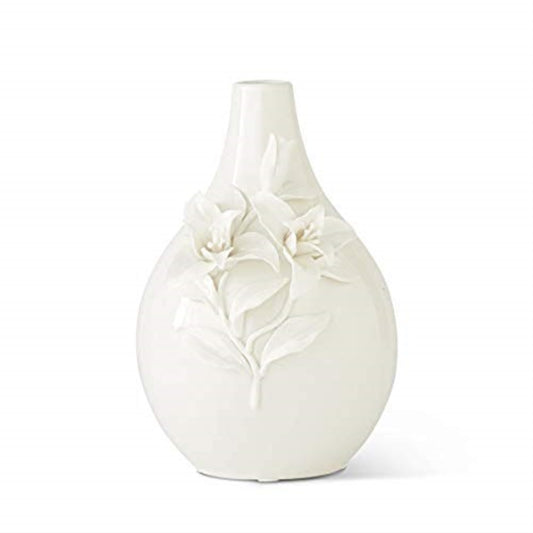 K&K Interiors 10.5 Inch White Ceramic Bottle Neck Vase with Raised Lily Flowers