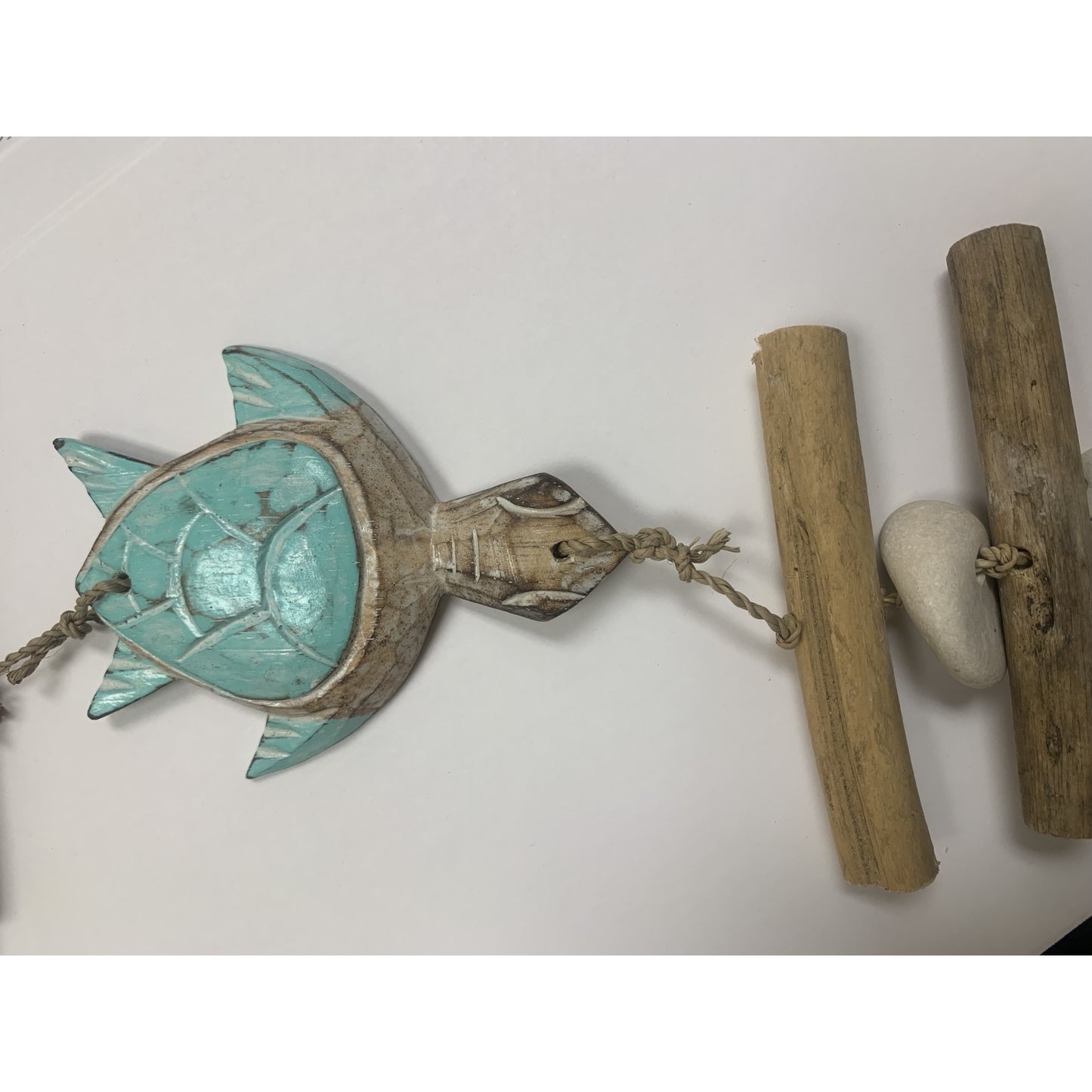 Wooden Aqua Three Sea Turtle Strand With Driftwood and Stone Mobile 34.5 inch