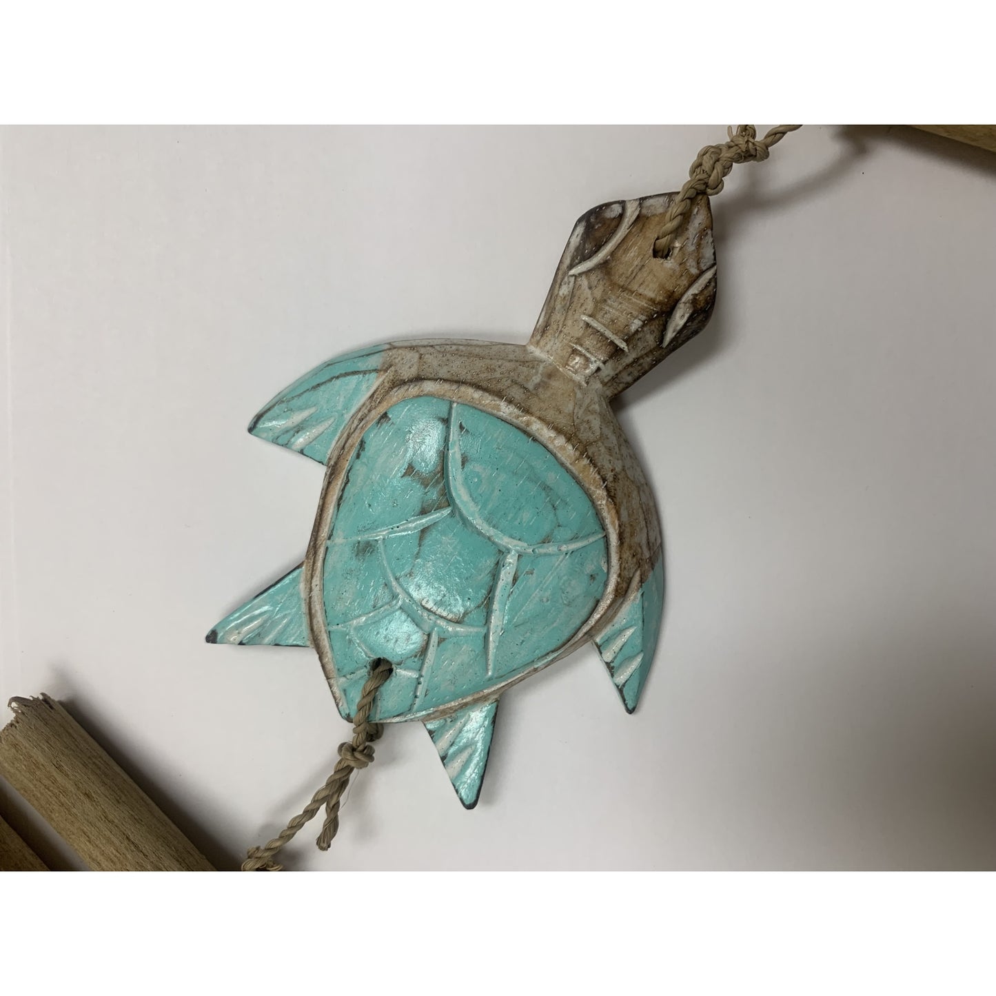 Wooden Aqua Three Sea Turtle Strand With Driftwood and Stone Mobile 34.5 inch