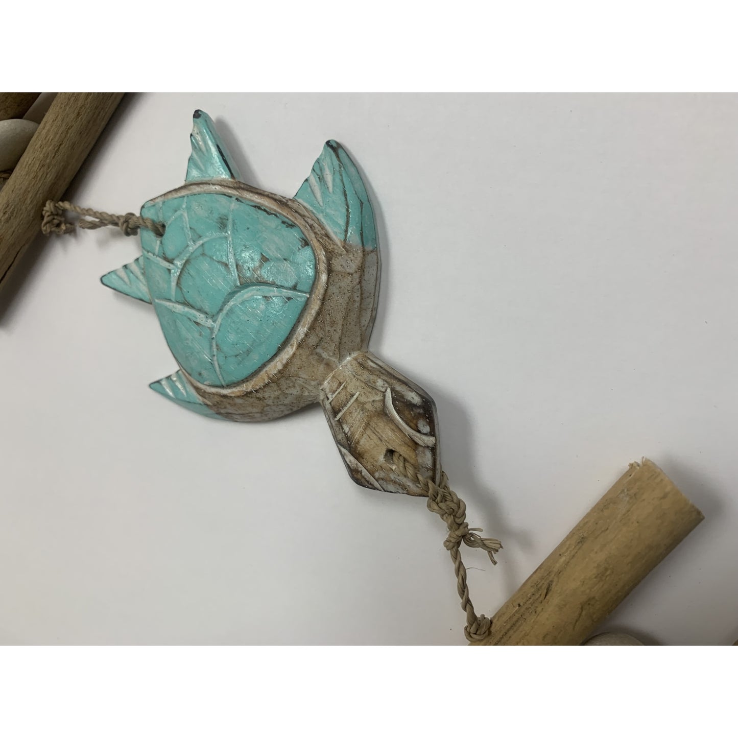 Wooden Aqua Three Sea Turtle Strand With Driftwood and Stone Mobile 34.5 inch
