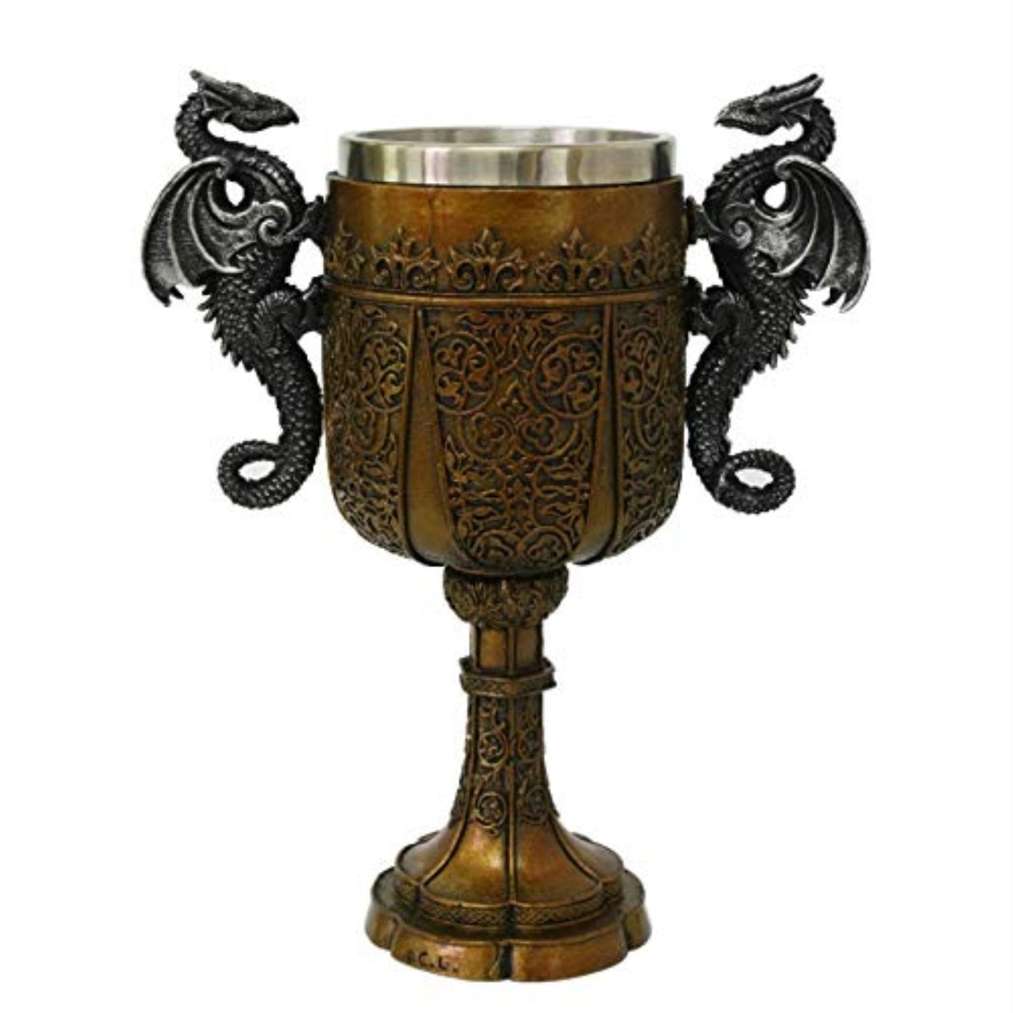Double Dragon Drinking Chalice Goblet Resin Body Stainless Steel Cup 9 inches tall