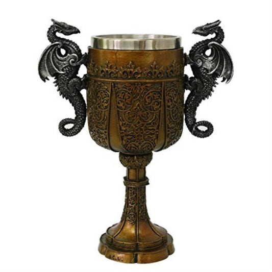 Double Dragon Drinking Chalice Goblet Resin Body Stainless Steel Cup 9 inches tall