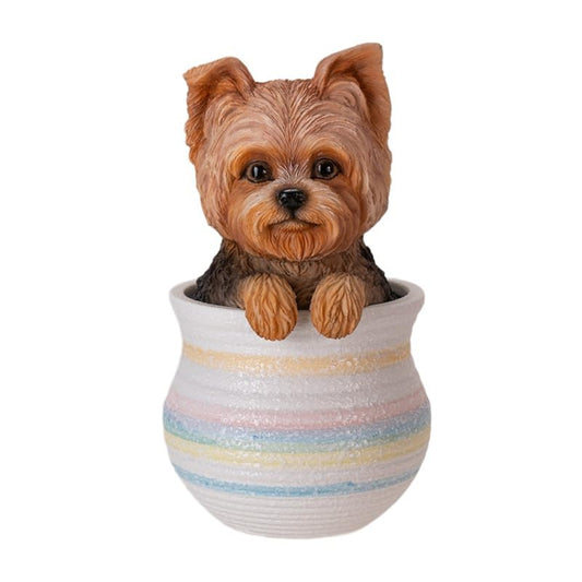 Yorkie Dog Figurine in Decorative Pot Cute Home Decor Tabletop Statue 6 inch