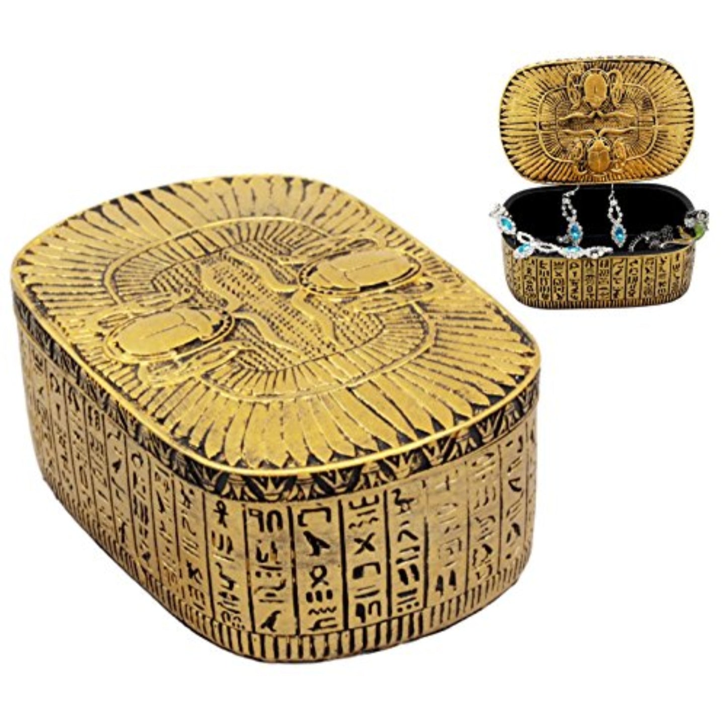 Egyptian Themed Dual Winged Scarab Amulet Golden Jewelry Trinket Keepsake Box