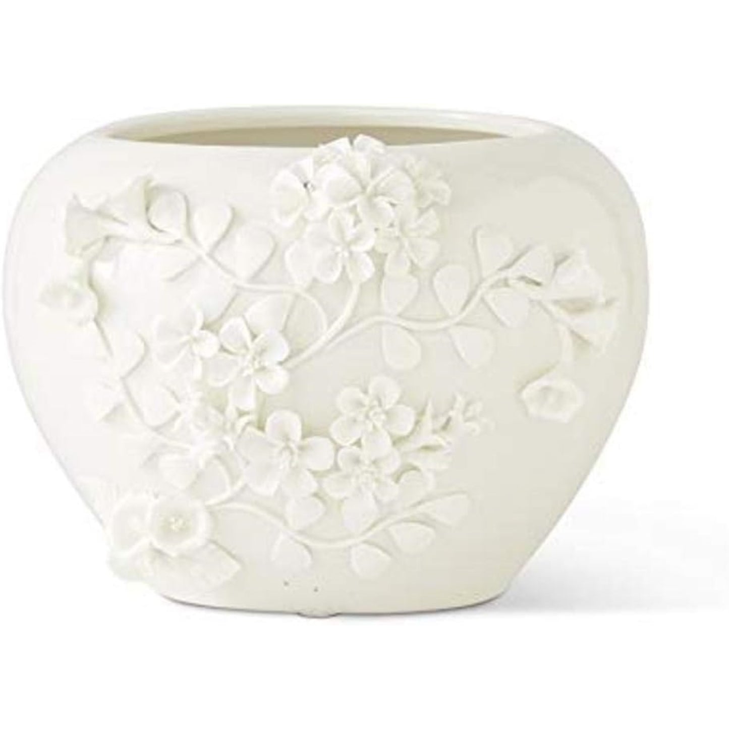K&K Interiors 6.75 Inch White Ceramic Pot with Raised Jasmine Flowers