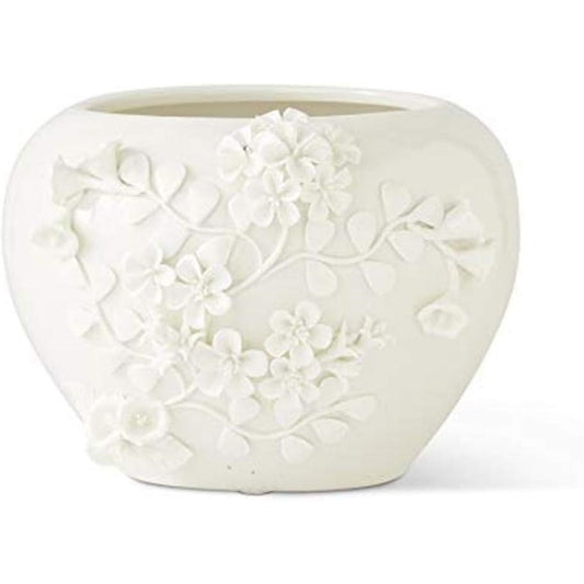 K&K Interiors 6.75 Inch White Ceramic Pot with Raised Jasmine Flowers