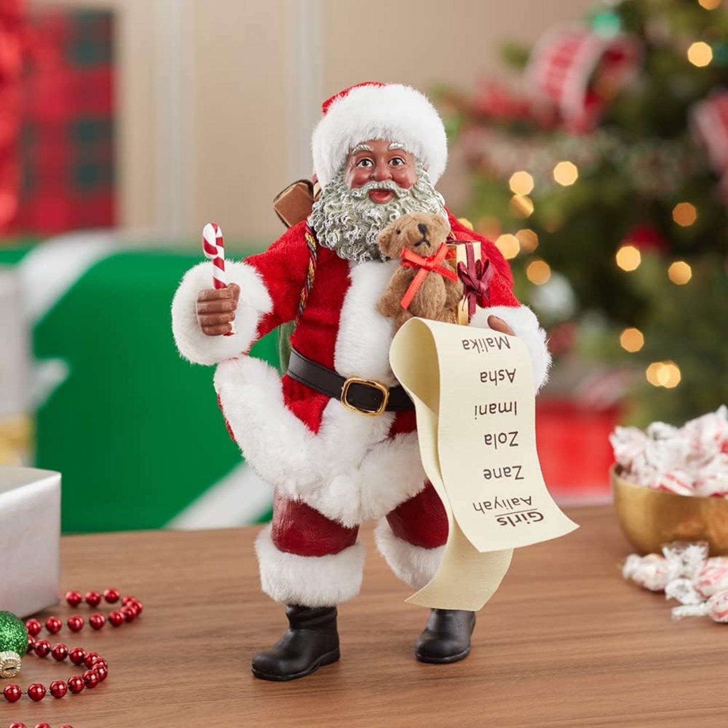 Kurt Adler 10.5-Inch Fabriche Black Santa with List and Candy Cane