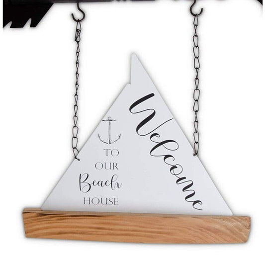 K&K Interiors White Enamel and Wood Welcome Sailboat Arrow Replacement Sign 10.5 inch - Arrow Sold Separately