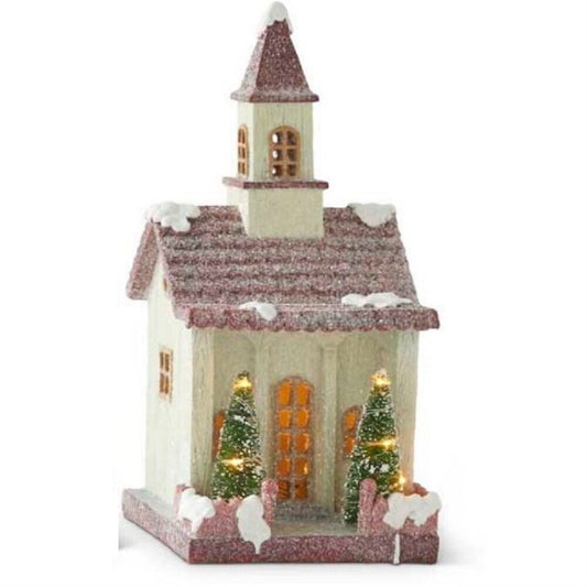 K&K Interiors House with Red Roof and Christmas Trees LED Light Up Figurine 10.25 inch
