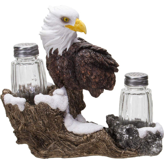 American Bald Eagle Decorative Glass Salt and Pepper Shakers Set with Resin Holder Stand