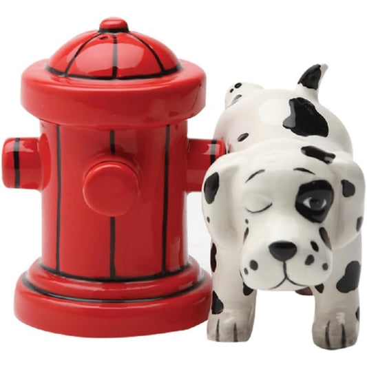 Fire Hydrant and Dalmatian Puppy Dog Ceramic Magnetic Salt and Pepper Shaker Set