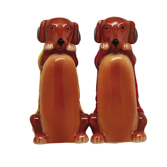 Cute Hot Dogs Dachshunds Magnetic Ceramic Salt And Pepper Shaker Set