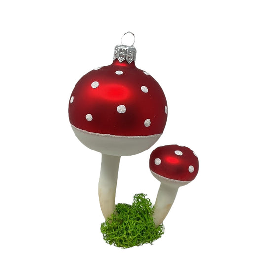 Pinnacle Peak Trading Pair of Red Toadstool Mushrooms with Moss Polish Glass Christmas Tree Ornament