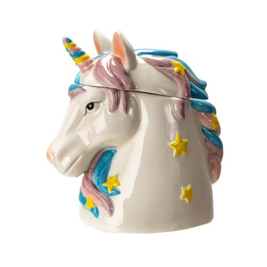 Magical Unicorn Ceramic Cookie Jar, White with Pink and Blue Mane, Yellow Stars, Decorative Kitchen Storage Container