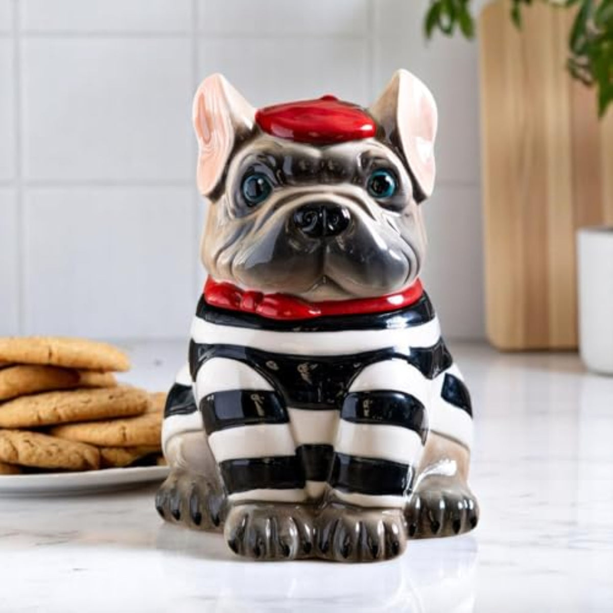 Le French Bulldog Cookie Jar, Ceramic, Black and White Striped Shirt, Kitchen Decor, Storage Accessory
