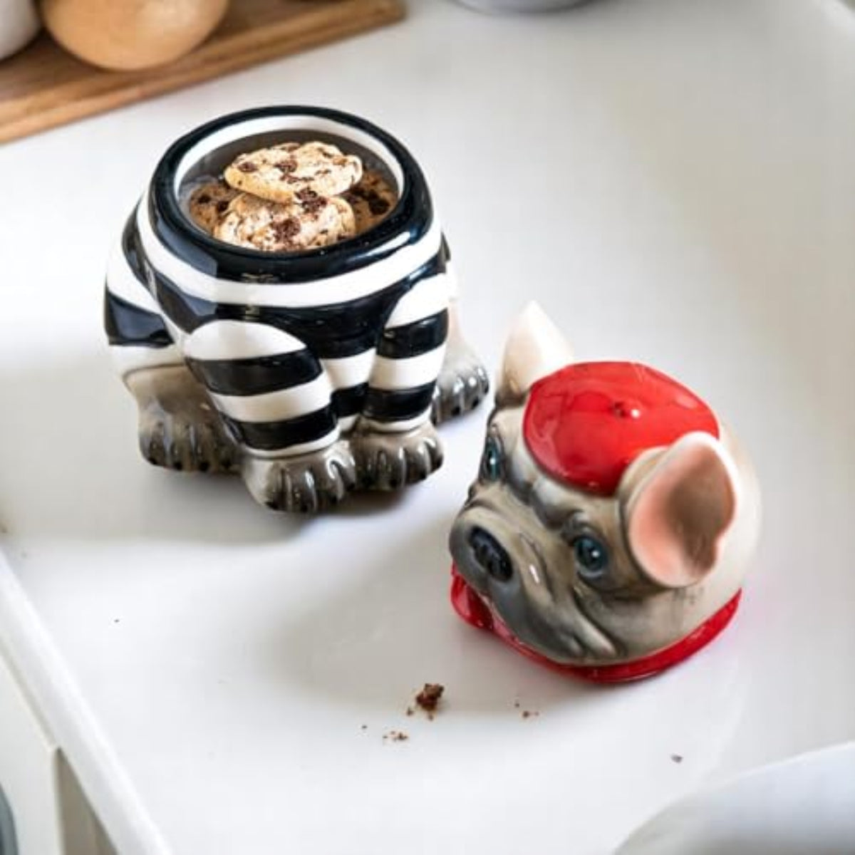Le French Bulldog Cookie Jar, Ceramic, Black and White Striped Shirt, Kitchen Decor, Storage Accessory