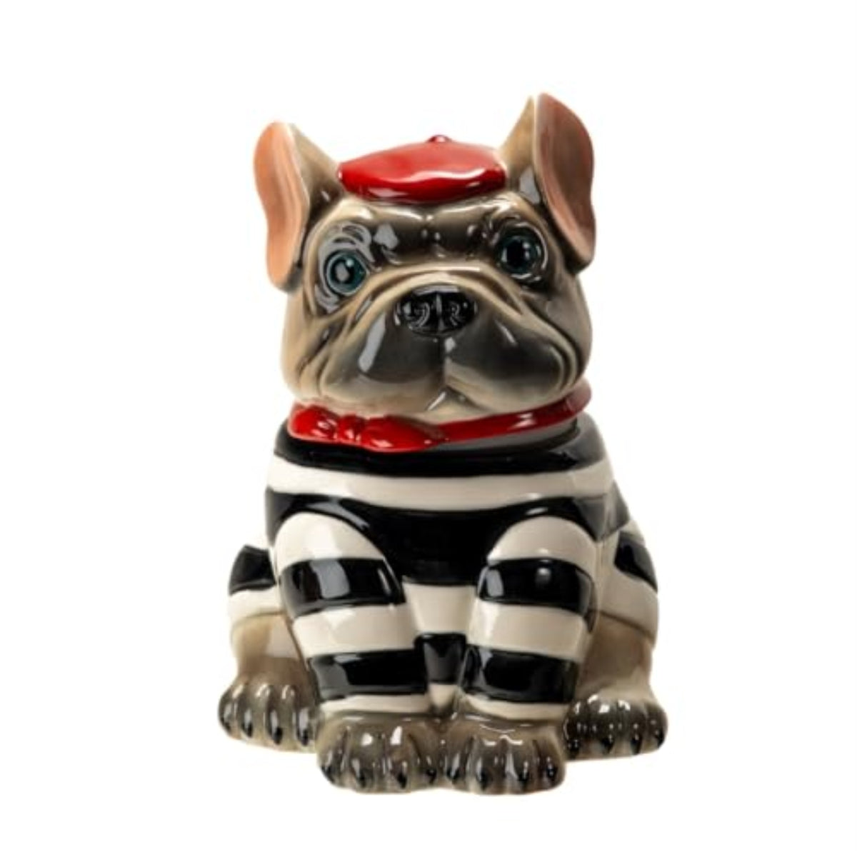 Le French Bulldog Cookie Jar, Ceramic, Black and White Striped Shirt, Kitchen Decor, Storage Accessory