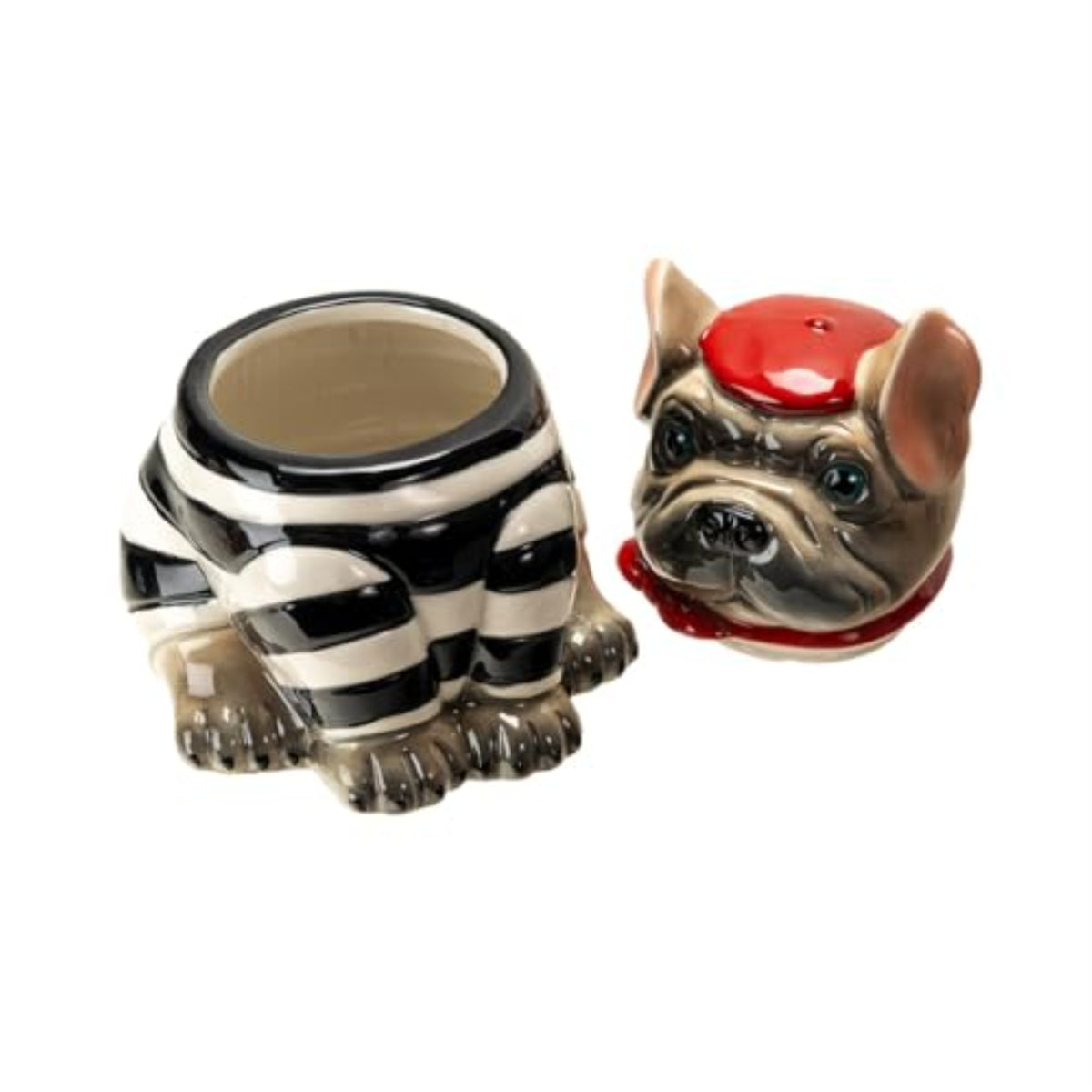 Le French Bulldog Cookie Jar, Ceramic, Black and White Striped Shirt, Kitchen Decor, Storage Accessory
