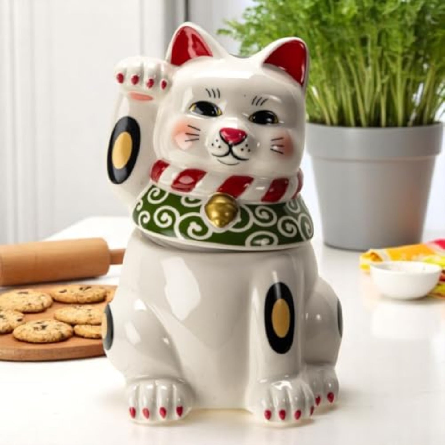 Maneki Neko Japanese Lucky Cat Paw Up Ceramic Cookie Jar Kitchen Decor