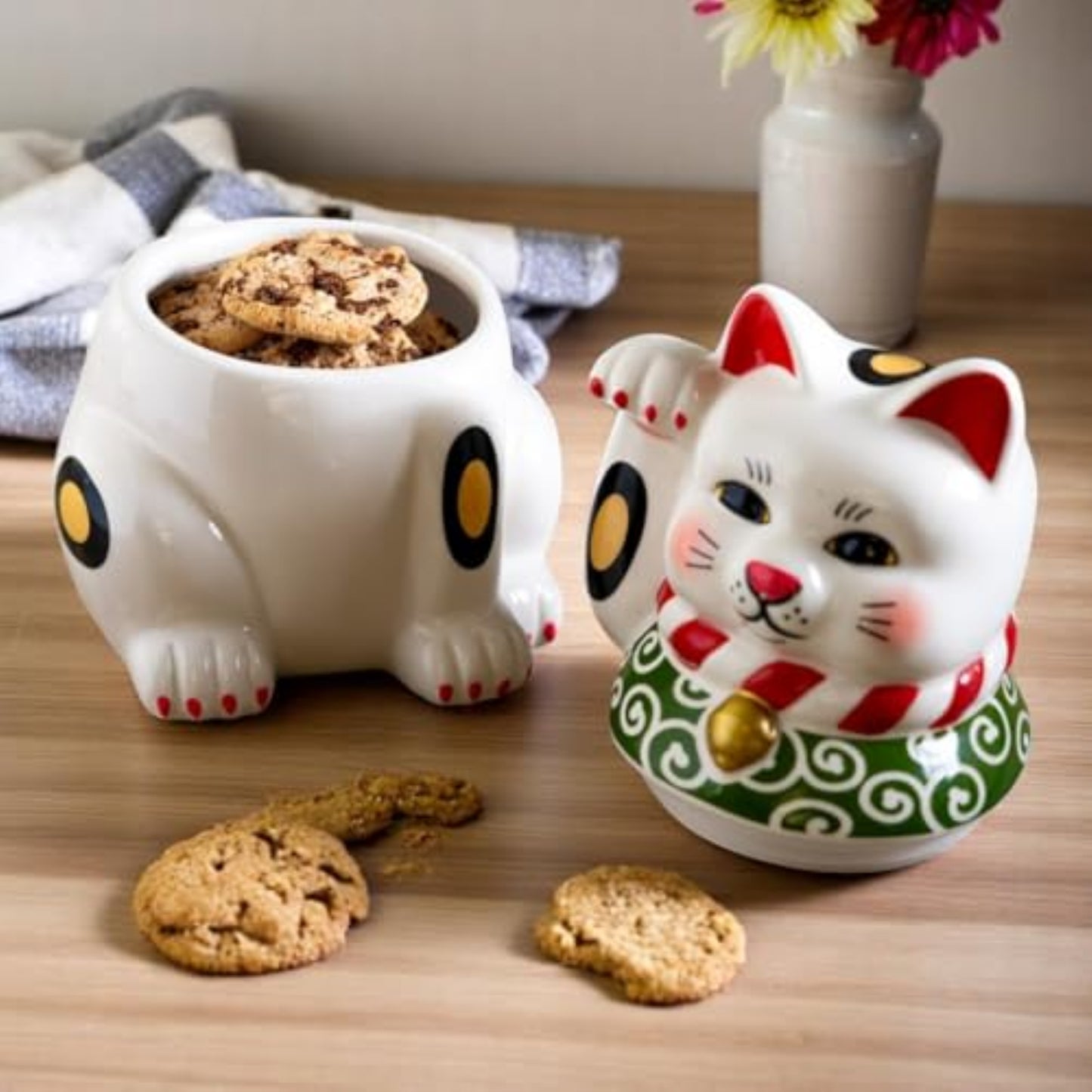 Maneki Neko Japanese Lucky Cat Paw Up Ceramic Cookie Jar Kitchen Decor