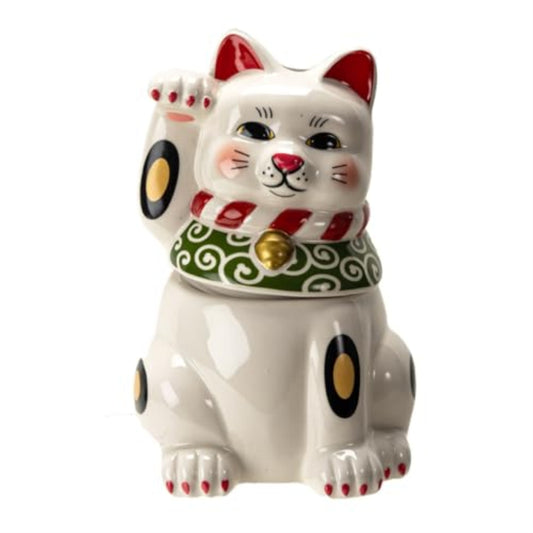 Maneki Neko Japanese Lucky Cat Paw Up Ceramic Cookie Jar Kitchen Decor