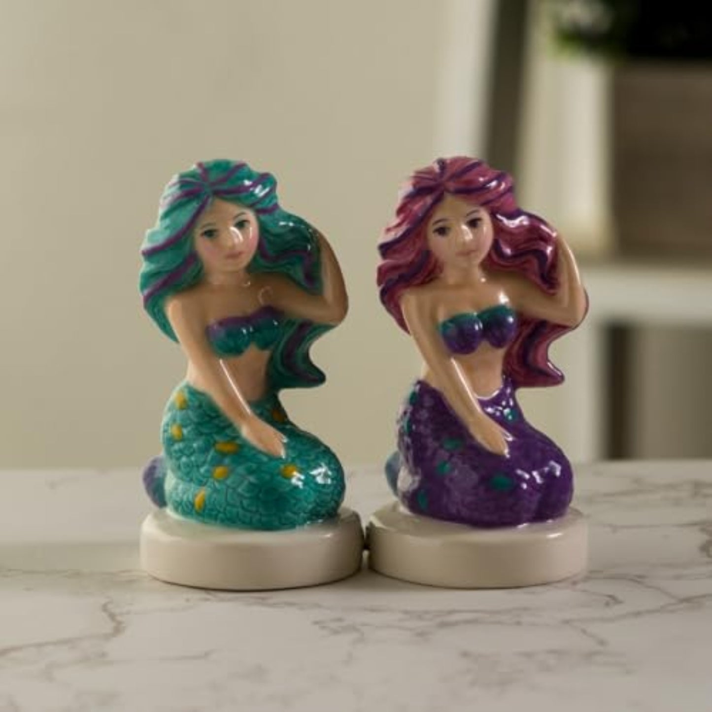Seaside Serenade Mermaids Ceramic Magnetic Salt and Pepper Shaker Set