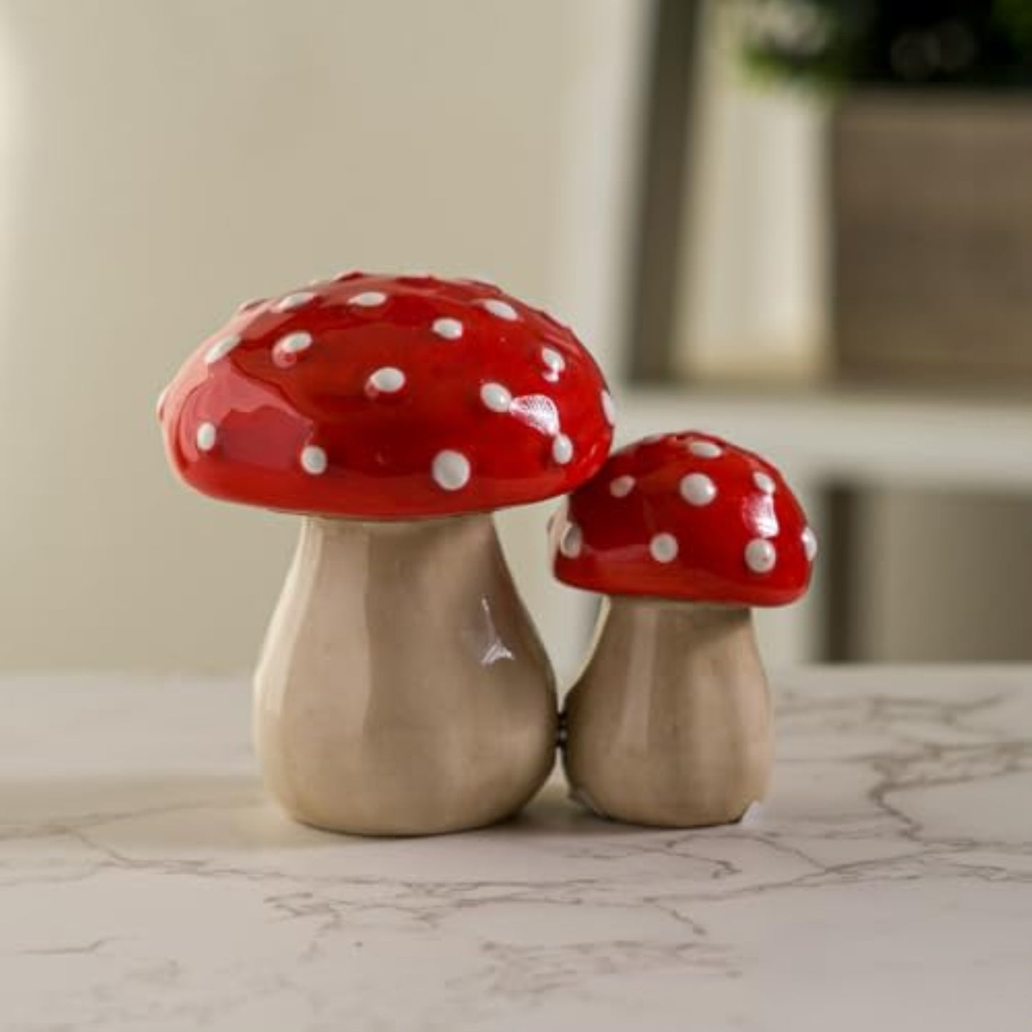 Fairy Tale Red Toadstool Mushroom Ceramic Magnetic Salt and Pepper Shaker Set