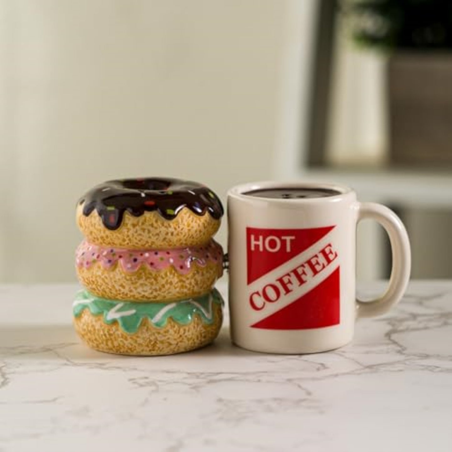 Morning Brew Hot Coffee and Donut Shop Ceramic Magnetic Salt and Pepper Shaker Set