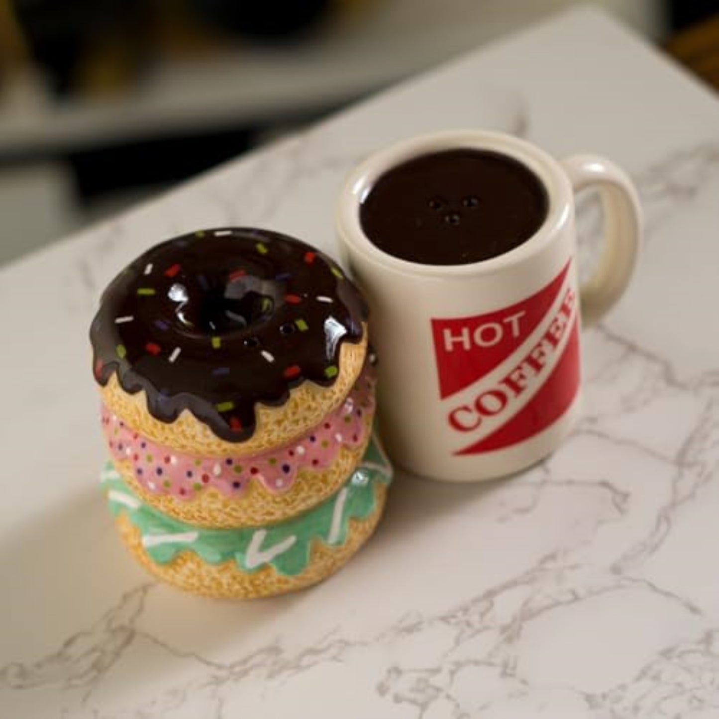 Morning Brew Hot Coffee and Donut Shop Ceramic Magnetic Salt and Pepper Shaker Set