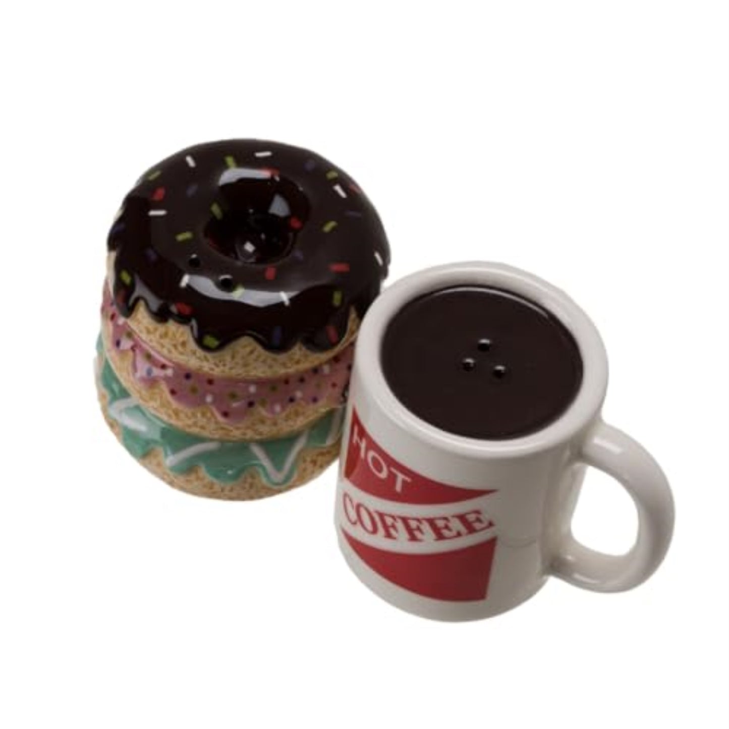 Morning Brew Hot Coffee and Donut Shop Ceramic Magnetic Salt and Pepper Shaker Set