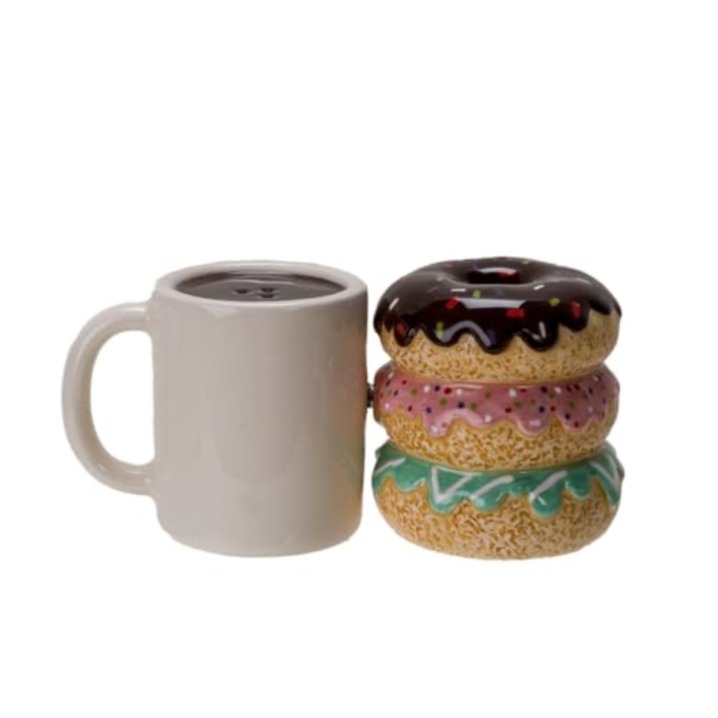Morning Brew Hot Coffee and Donut Shop Ceramic Magnetic Salt and Pepper Shaker Set