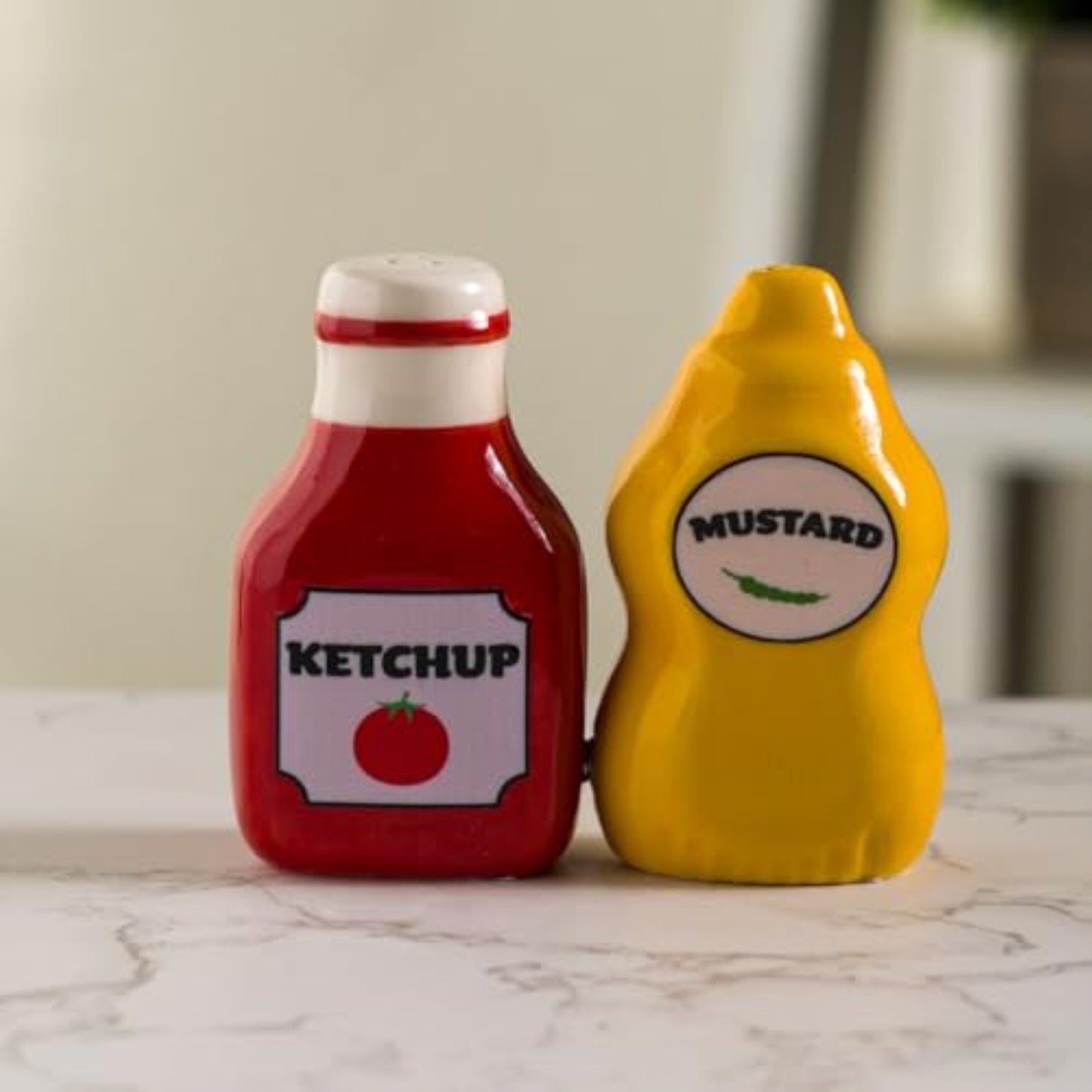 Mustard and Ketchup Ceramic Magnetic Salt and Pepper Shaker Set