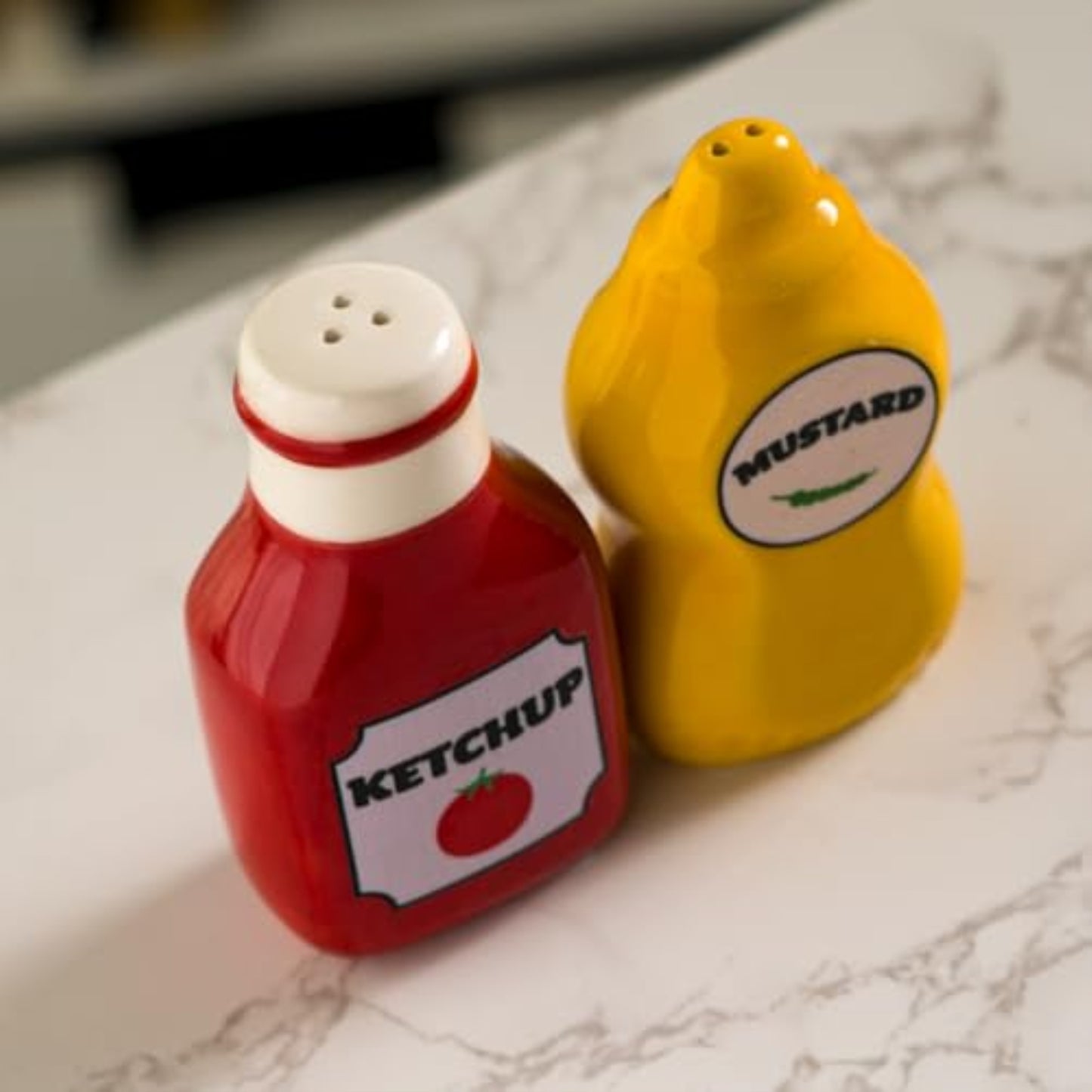 Mustard and Ketchup Ceramic Magnetic Salt and Pepper Shaker Set