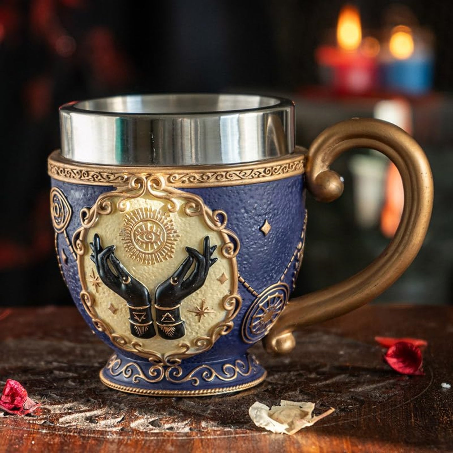 Tarot Tea Cup 8 floz Resin And Stainless Steel Mug with Mystical Symbols Ideal for Coffee Tea Drinks