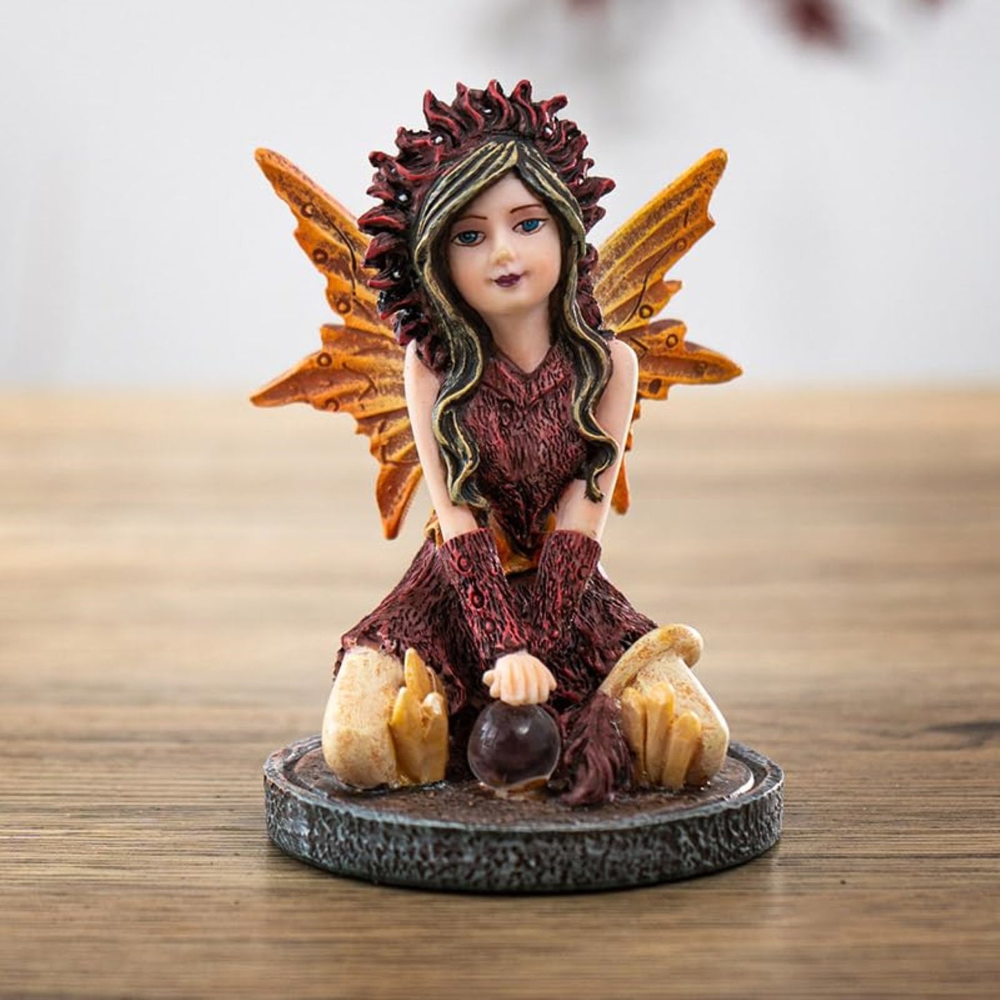 3 inch Autumn Flame Fairy Figurine with Fiery Orb and Golden Accents Perfect for Small Fairy Gardens